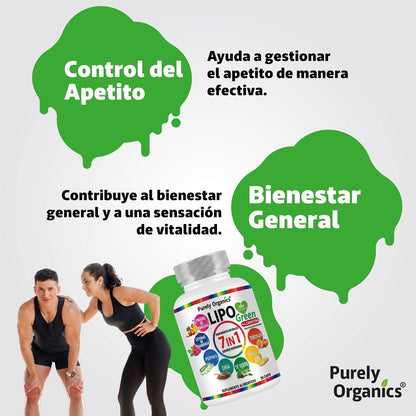 LipoGreen 7 en 1. Vinagre de Manzana, Carnitina, Extracto de piña, Cetonas de frambuesa, Té verde, Chía, Extracto de pepino, Toronja, Complementa tu estilo de vida. 1 bote con 90 Cápsulas.