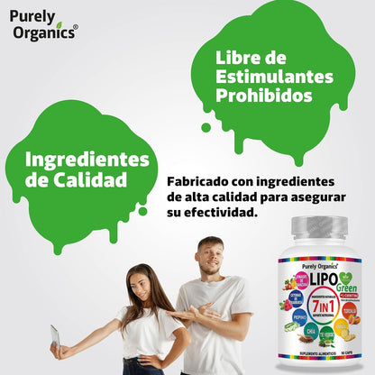 LipoGreen 7 en 1. Vinagre de Manzana, Carnitina, Extracto de piña, Cetonas de frambuesa, Té verde, Chía, Extracto de pepino, Toronja, Complementa tu estilo de vida. 1 bote con 90 Cápsulas.