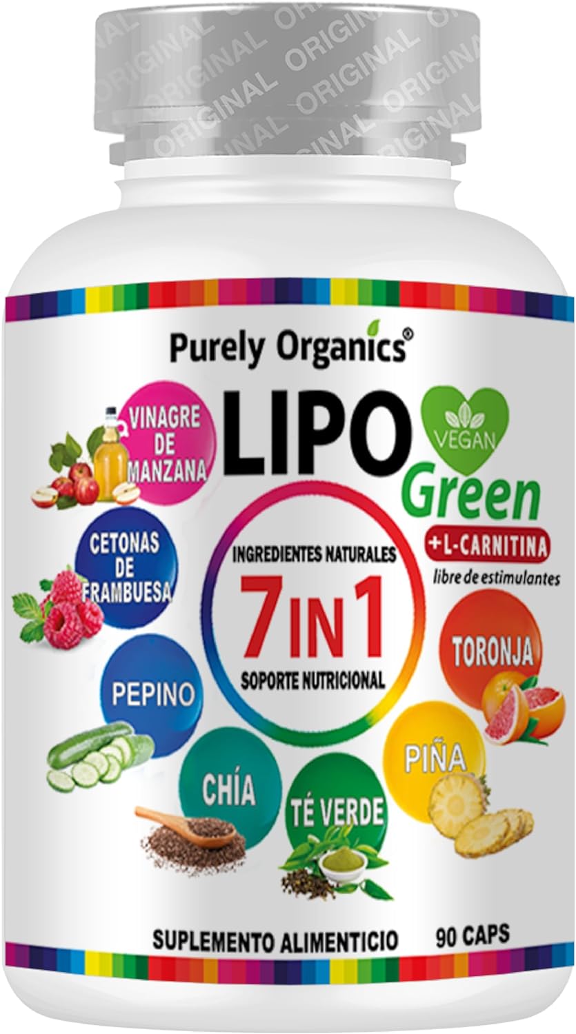 LipoGreen 7 en 1. Vinagre de Manzana, Carnitina, Extracto de piña, Cetonas de frambuesa, Té verde, Chía, Extracto de pepino, Toronja, Complementa tu estilo de vida. 1 bote con 90 Cápsulas.