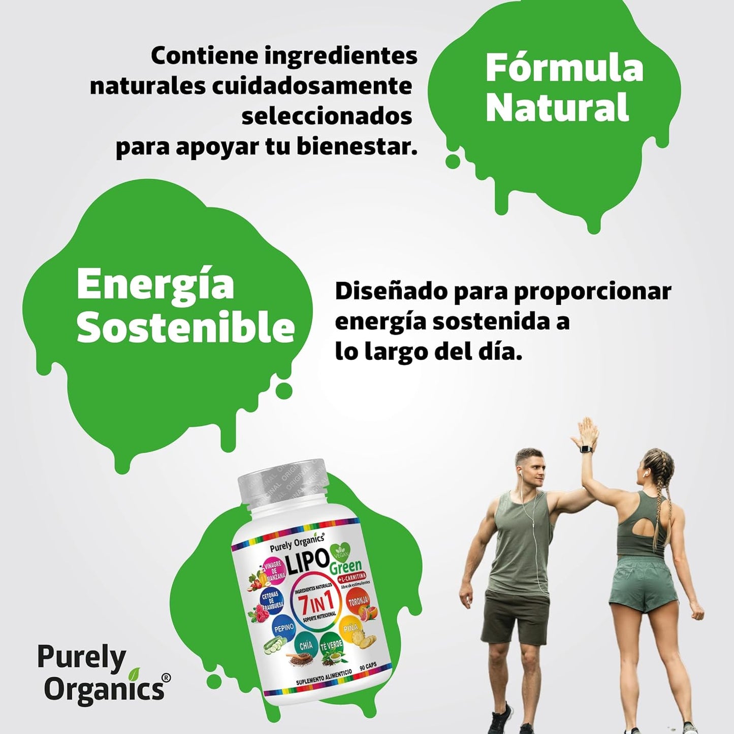 LipoGreen 7 en 1. Vinagre de Manzana, Carnitina, Extracto de piña, Cetonas de frambuesa, Té verde, Chía, Extracto de pepino, Toronja, Complementa tu estilo de vida. 1 bote con 90 Cápsulas.