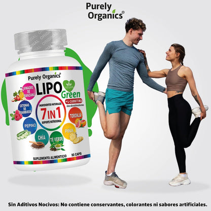 LipoGreen 7 en 1. Vinagre de Manzana, Carnitina, Extracto de piña, Cetonas de frambuesa, Té verde, Chía, Extracto de pepino, Toronja, Complementa tu estilo de vida. 1 bote con 90 Cápsulas.